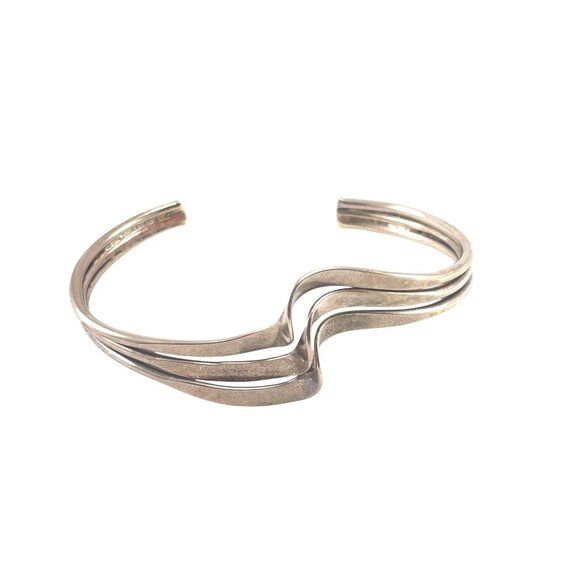 Sterling Silver Wave Cuff Adjustable Wave Design Cuff Bracelet - Picture 3 of 7